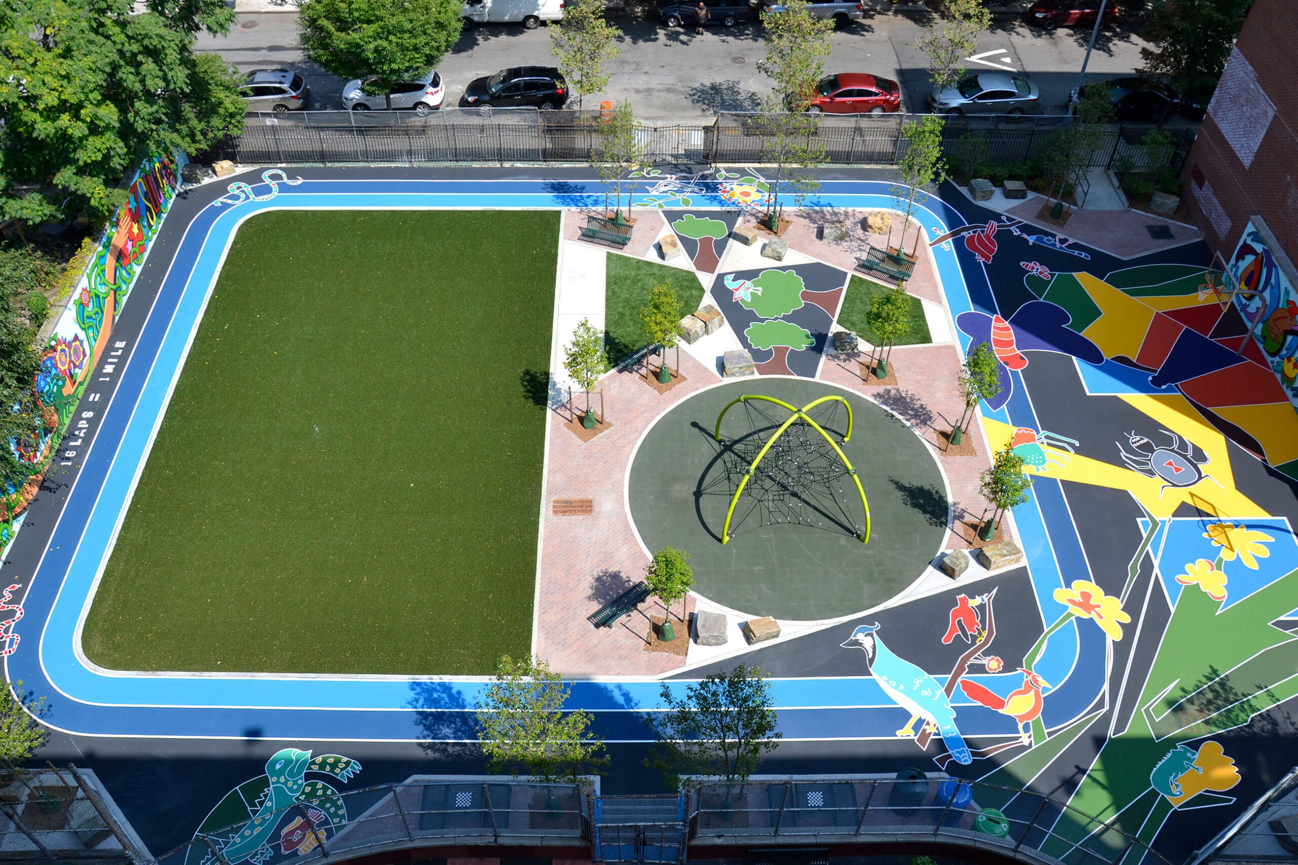 An aerial view of a playground with colorful paint.