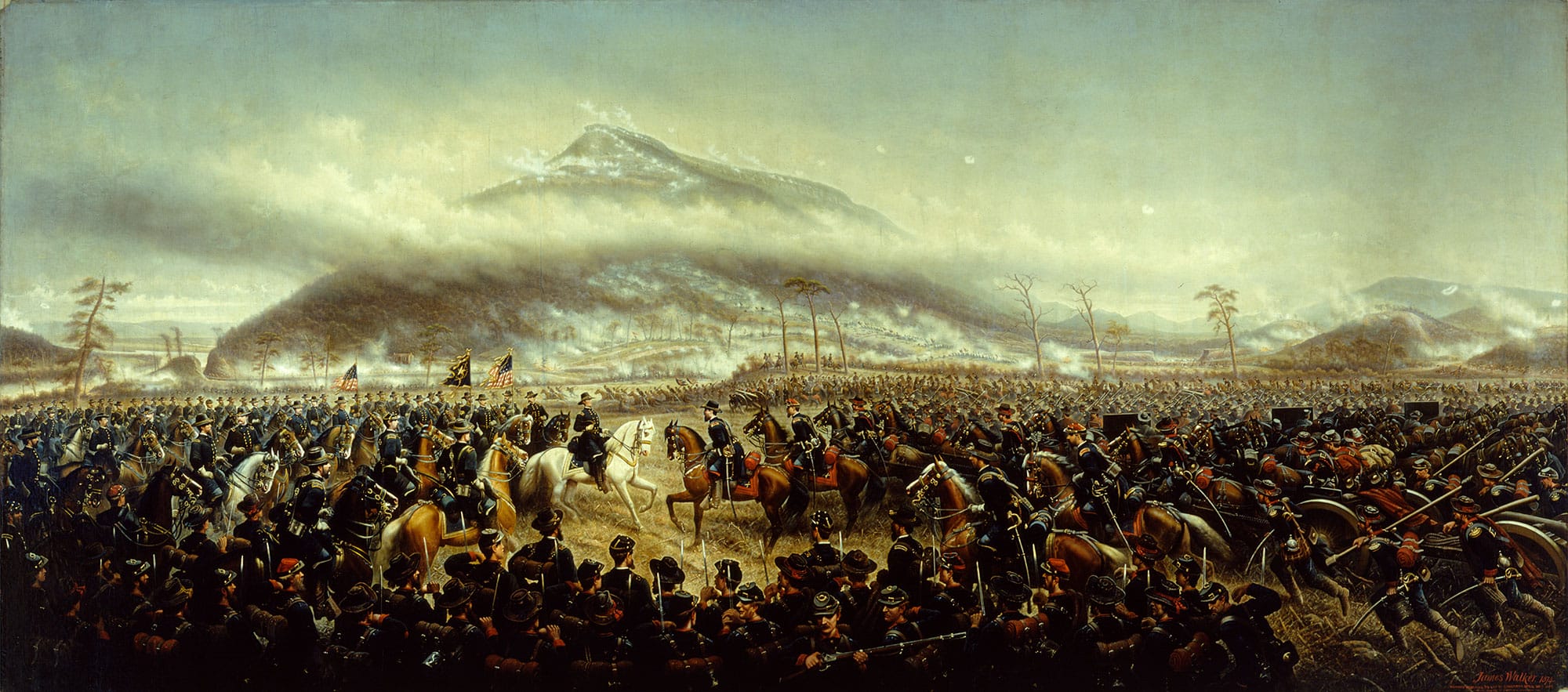 A painting of a battle in front of a mountain.