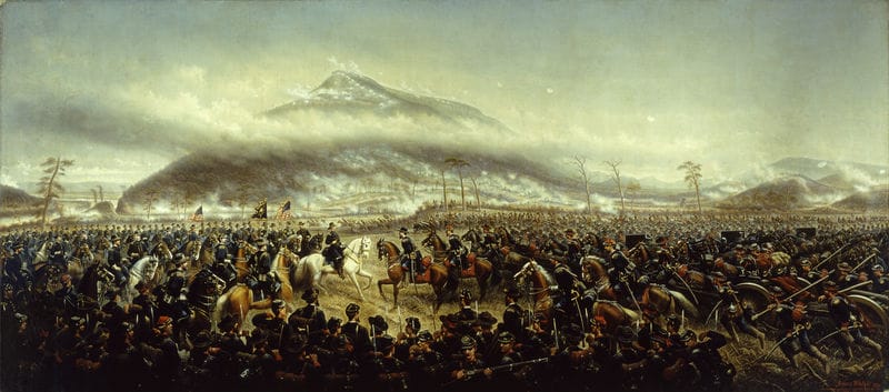 A painting of a battle scene with a mountain in the background.