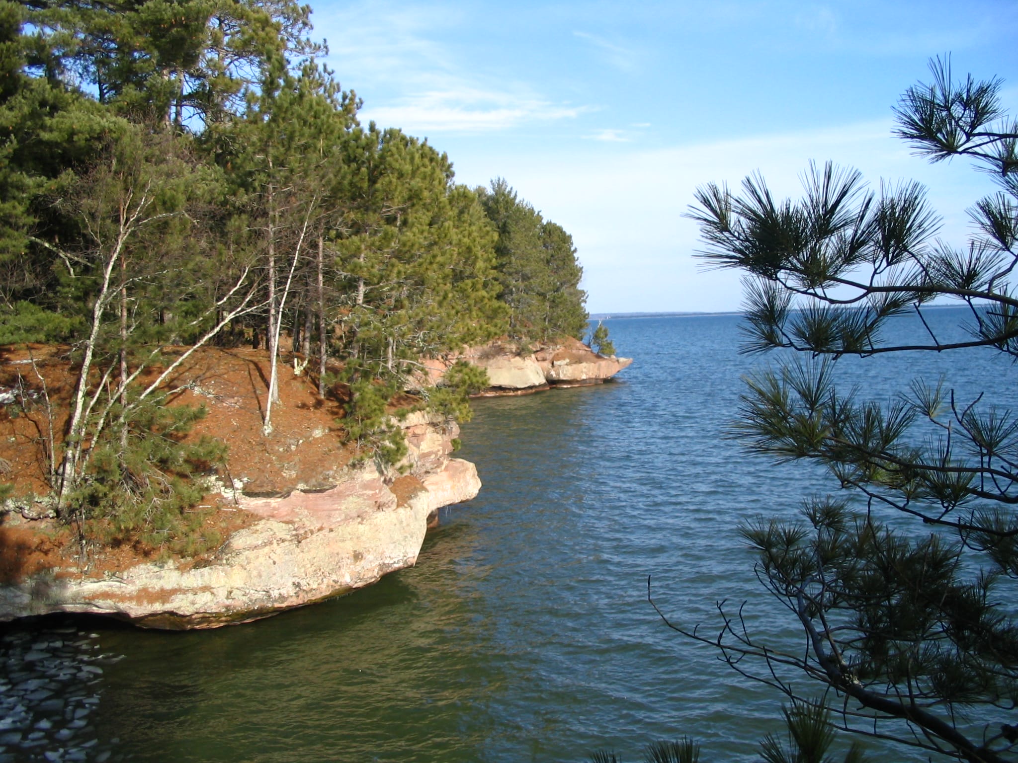 A rocky shoreline with trees and a body of water.