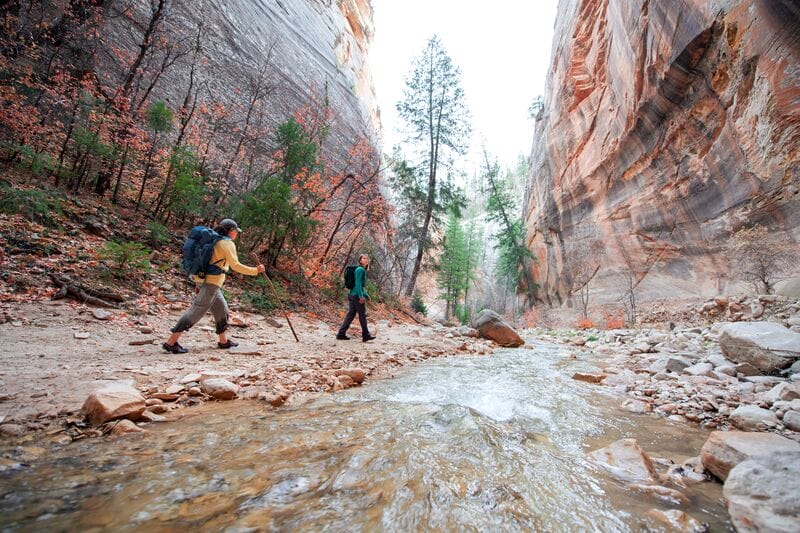 Two people hiking through a canyon in zion national park.