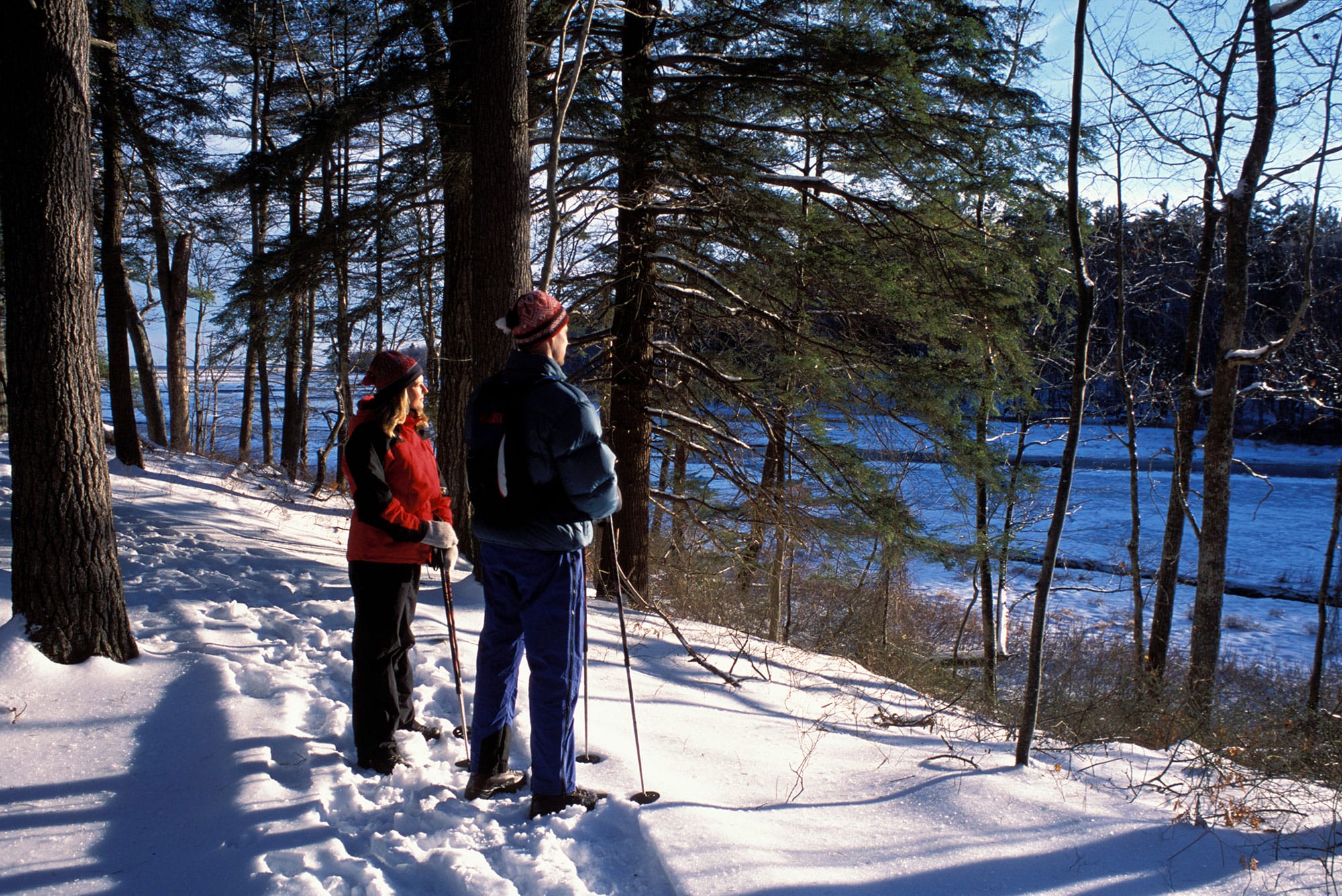 Two people on skis on a snowy trail.