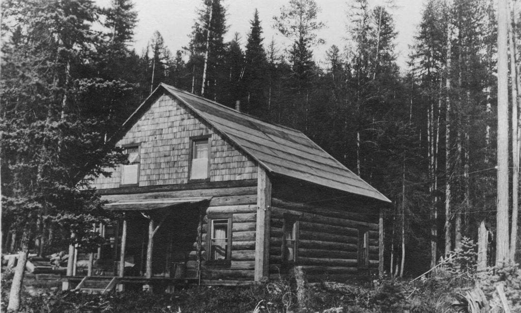 An old photo of a log cabin in the woods.