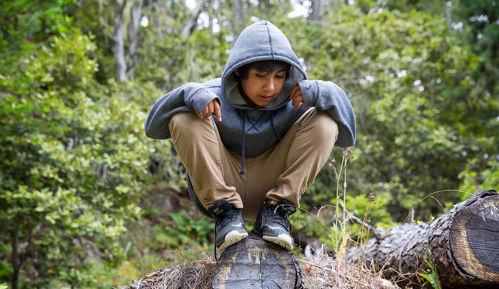 A boy in a hoodie sitting on top of a log.