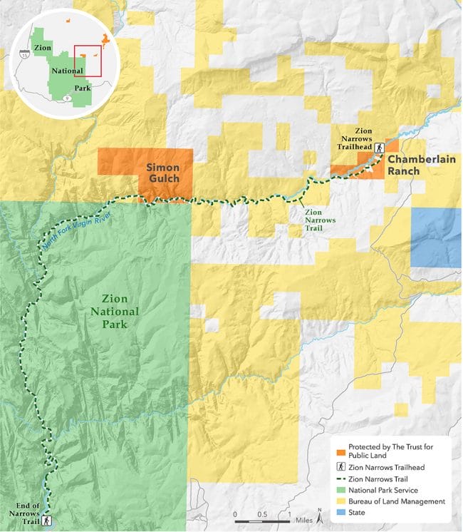 A map of the Zion Narrows Trail showing two properties protected by The Trust for Public Land
