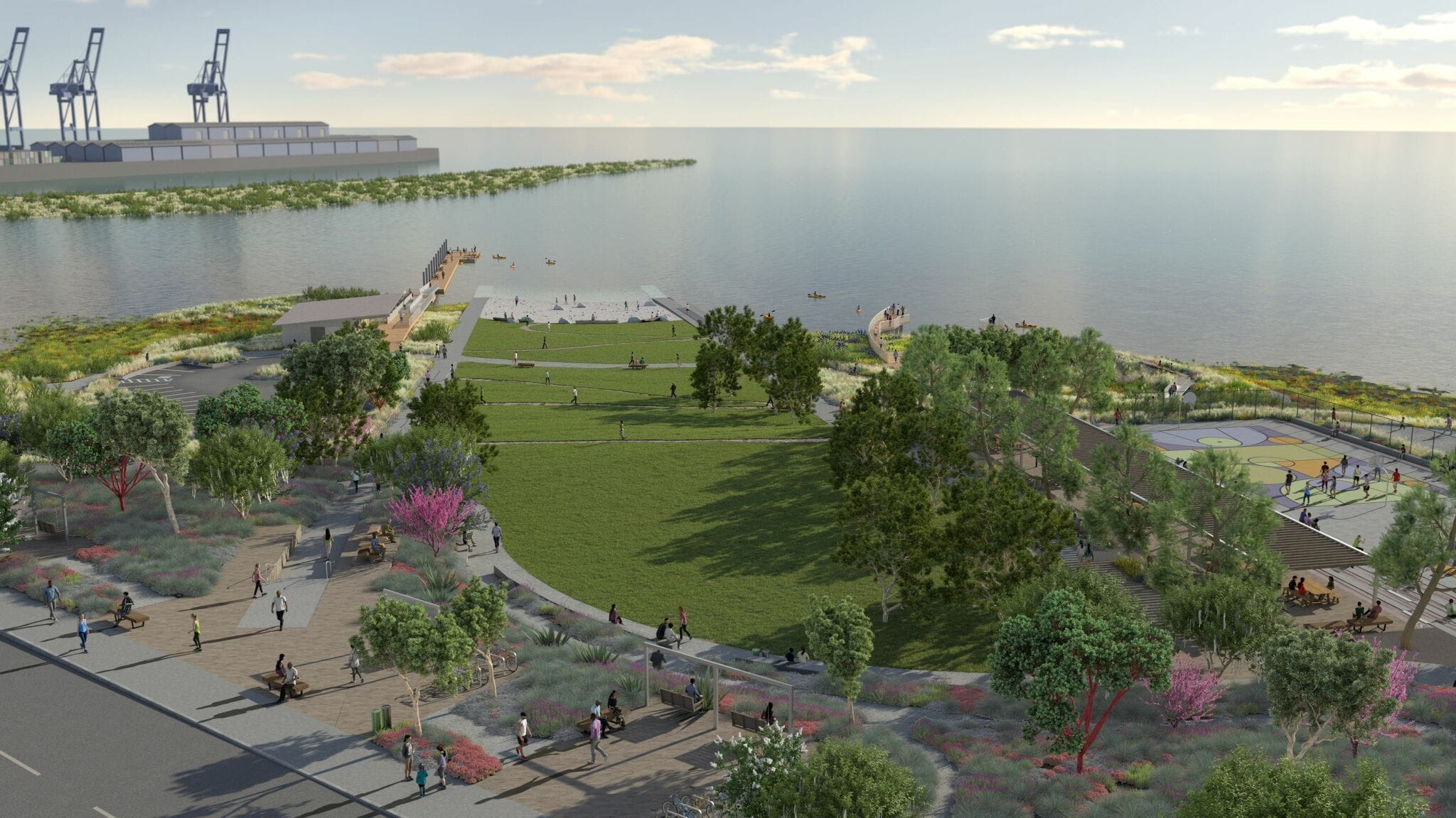 An artist's rendering of a park near the water.