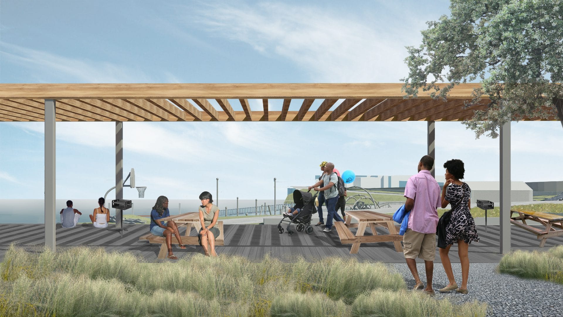 An artist's rendering of a park with benches and picnic tables.