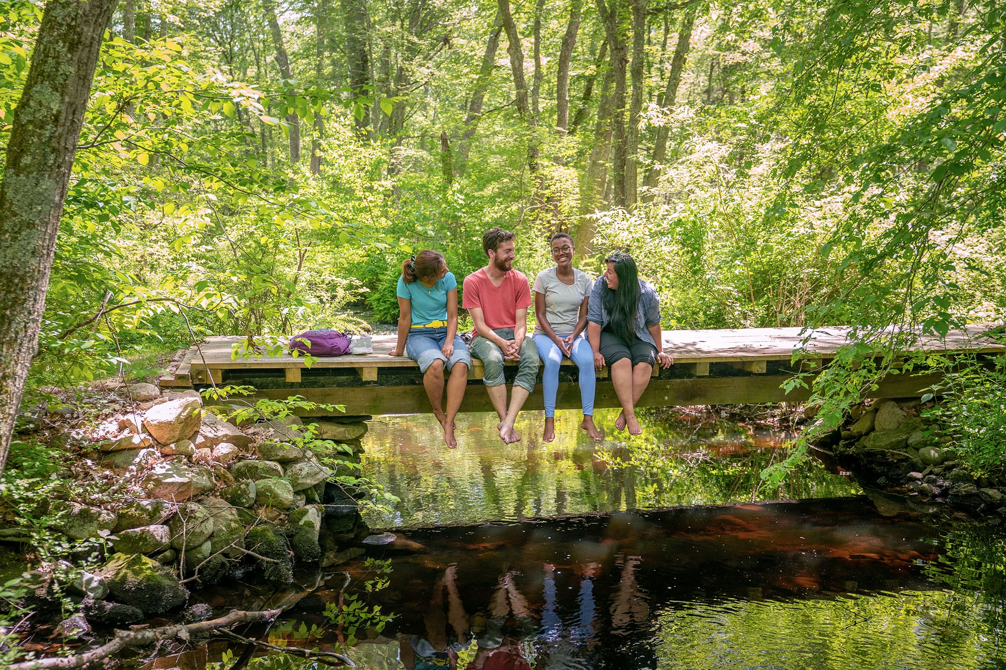 A group of people sitting on a bridge in a wooded area.