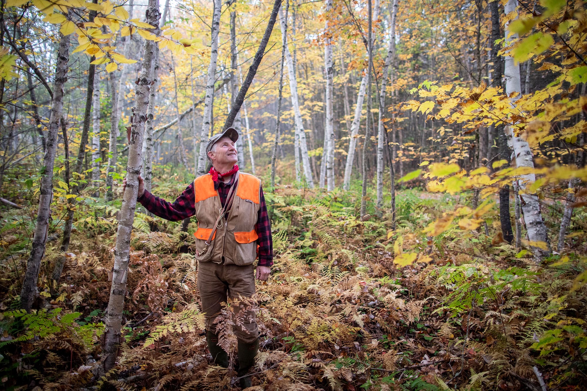 A man in a hunting vest standing in a wooded area.