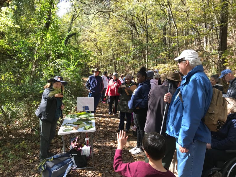 A group of people standing around a table in a wooded area.