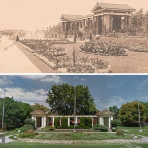 An old photo of a park and a modern photo of a park.