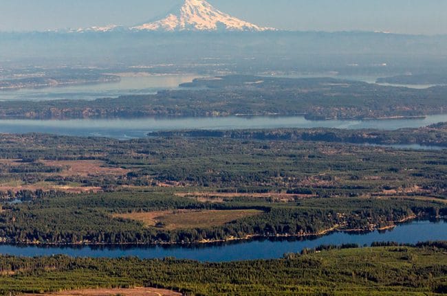 Aerial of south Puget Sound region with Mt. Rainier on the skyline