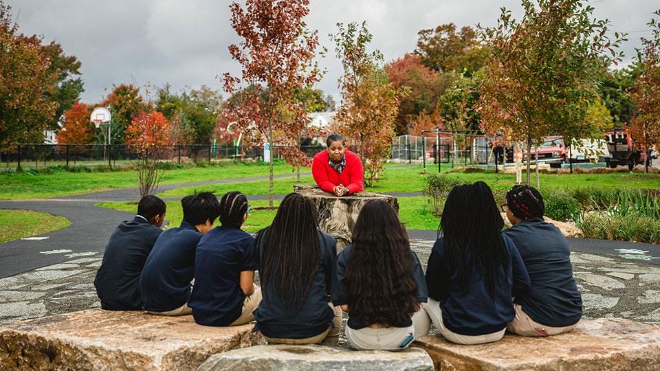 With trees and shade structures, the Community Schoolyards approach can counter the urban heat island effect, in which city neighborhoods dominated by pavement, concrete, and brick heat up faster than their suburban and rural counterparts.