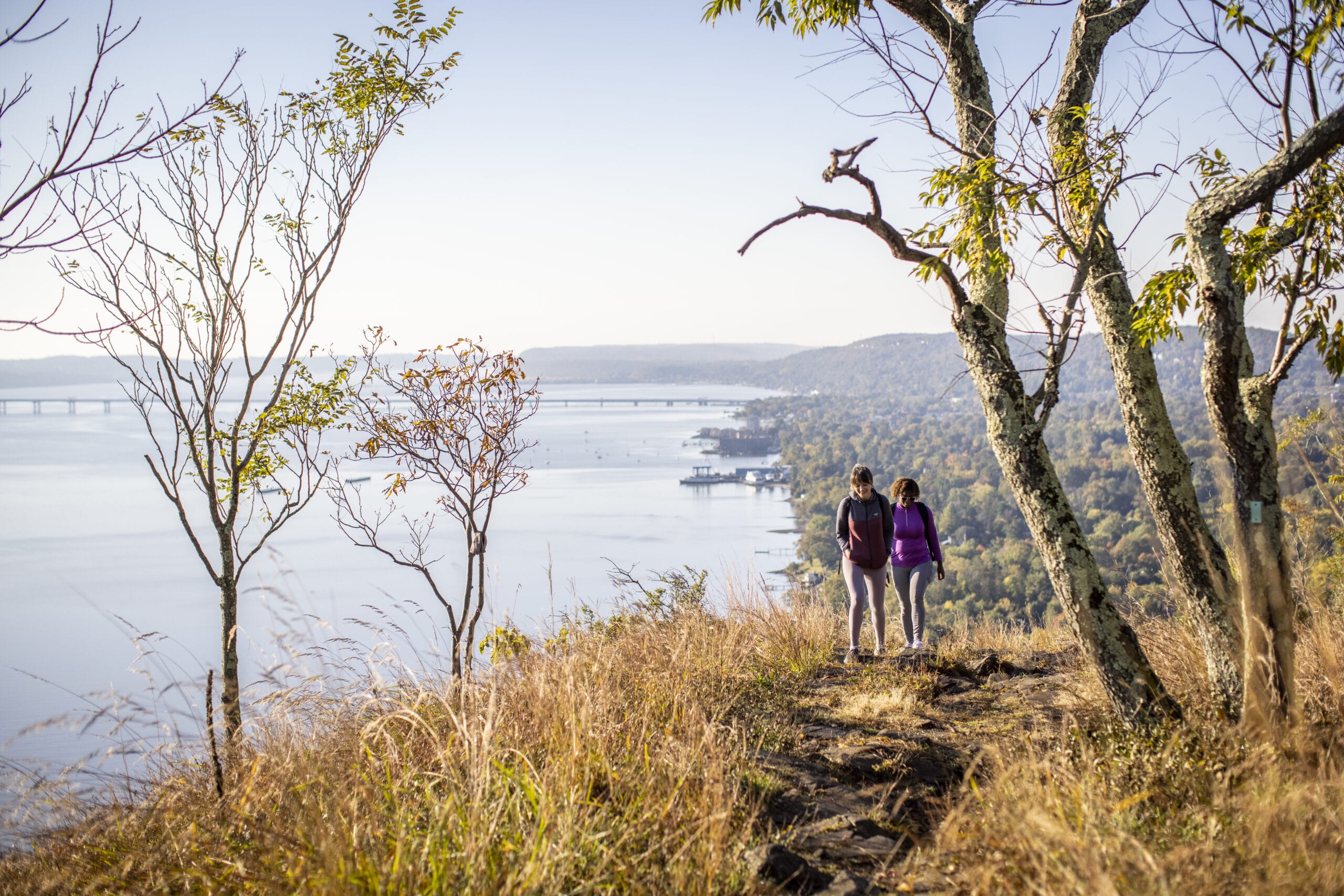 Two people standing on top of a hill overlooking a body of water.