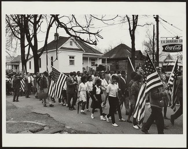 Black and white photograph of marchers on the Selma to Montgomery March