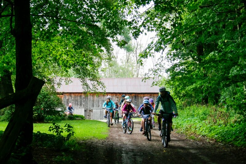 A group of people riding bicycles through a wooded area.