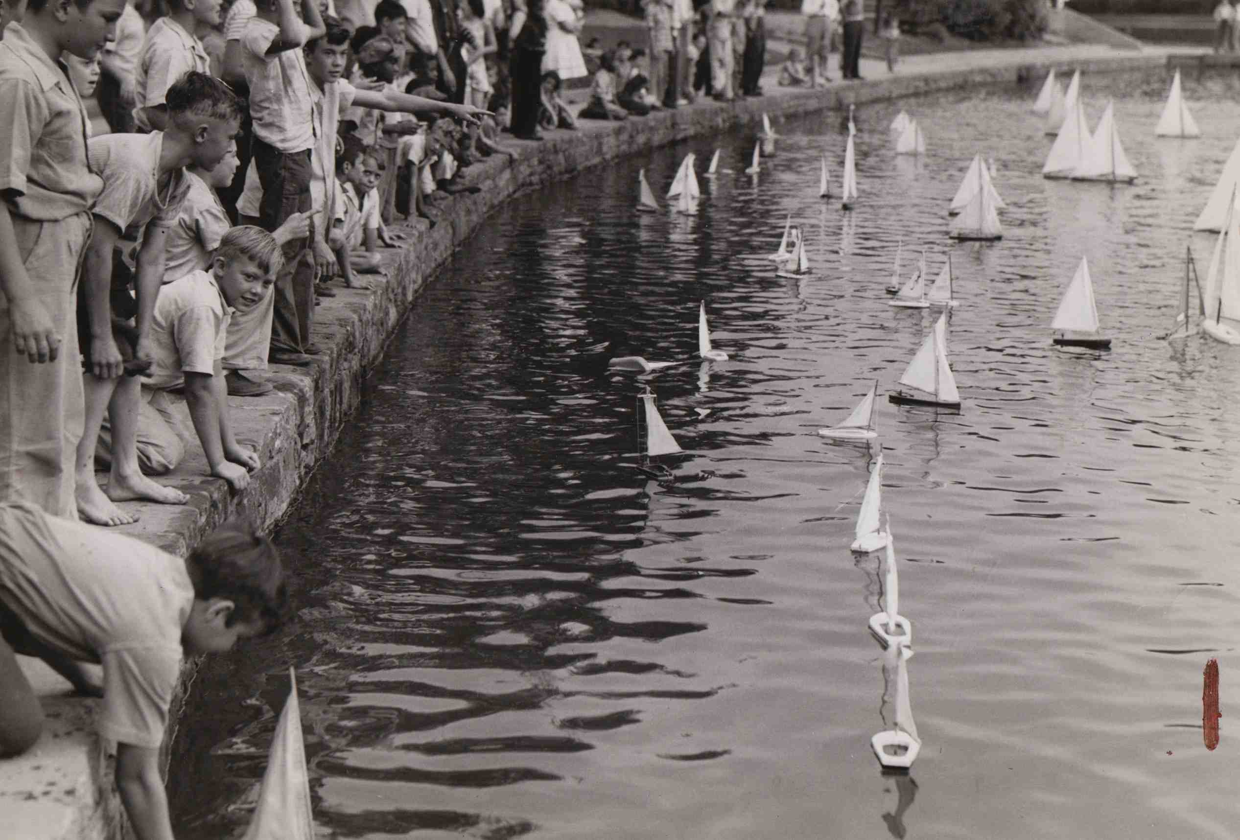 A group of people watching a group of sailboats in a pond.