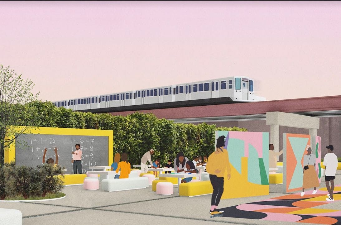 An artist's rendering of a park with a train in the background.