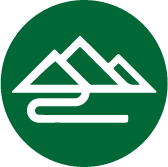 A green and white logo with mountains and a river.