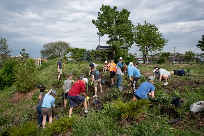 A group of people working on a hillside.