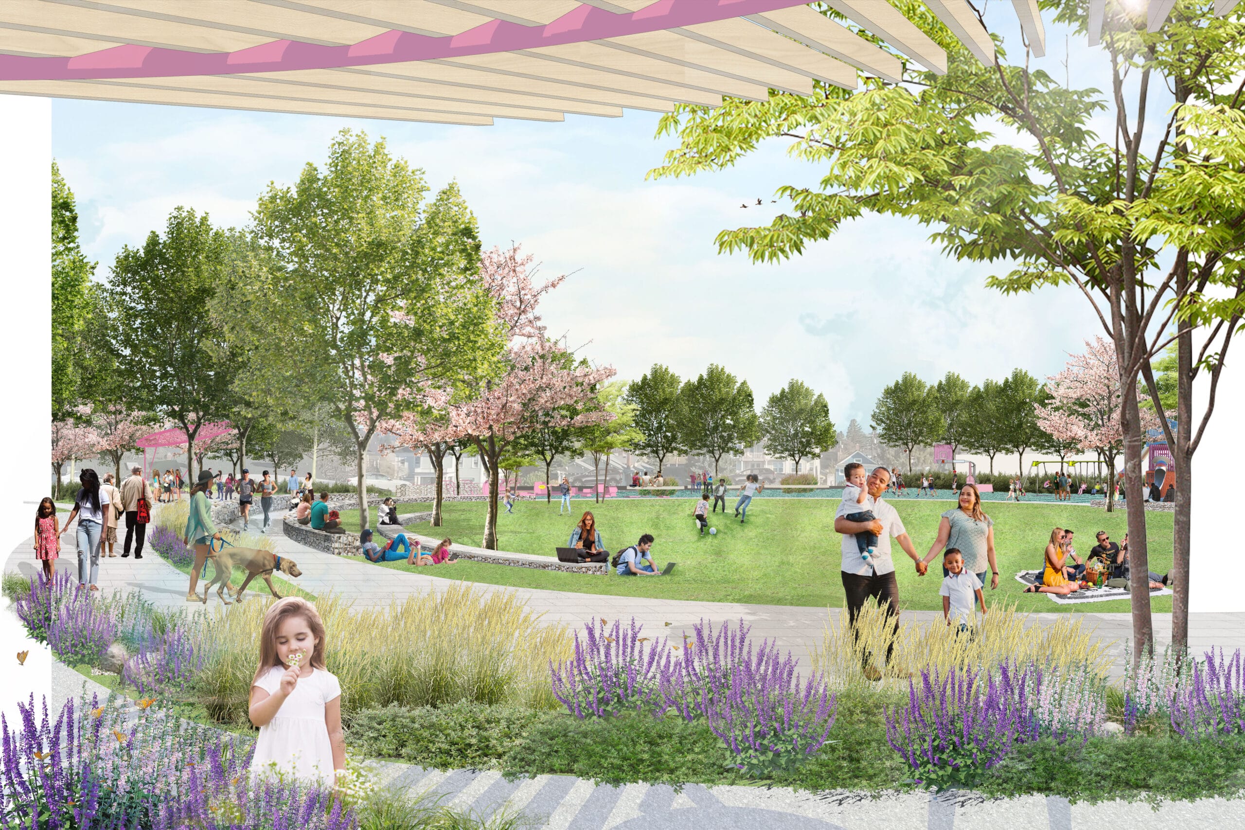 An artist's rendering of a park with children and flowers.