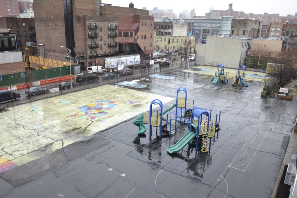 An aerial before view of the playground at the Harriet Tubman Learning Center in NYC. Photo: TPL staff
