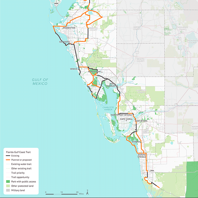 Map of Florida's Gulf Coast showing the Gulf Coast Trail route, with sections marked as existing, planned or proposed, and other trails, alongside parks, protected land, and military land.