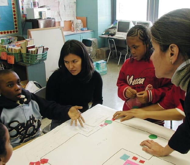 Your designer can help with everything from community engagement to construction oversight. In this photo, a student at Abram Stevens Hewitt School explains to classmates, The Trust for Public Land’s Julieth Rivera, and landscape architect Melissa Ix why he chose a particular playground design for the upcoming Daniel Garcia Playground in the Bronx. © TROY FARMER