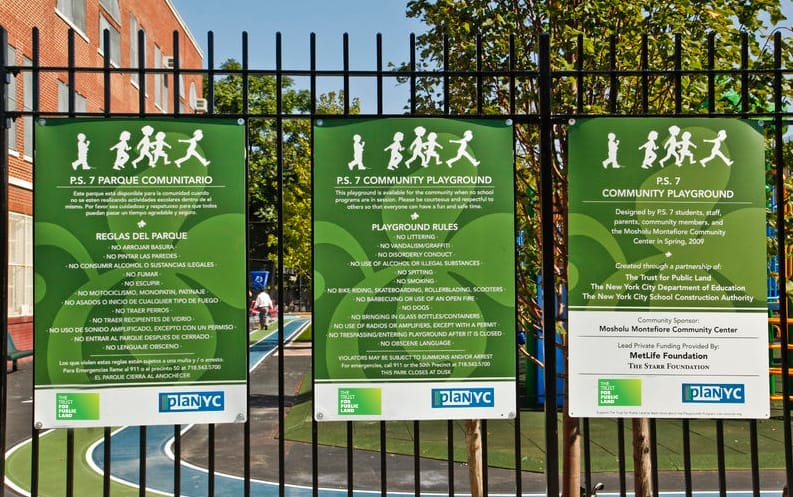 It may sound silly, but a sign is one of the most important parts of your community schoolyard. A sign can welcome community members into the space, layout the basic rules and hours of use, and educate visitors about the schoolyard environment. If your community schoolyard is open to the public during non-school hours, this needs to be explicitly stated; otherwise, people will be nervous about using the space. © NANA TAIMOURWHITE