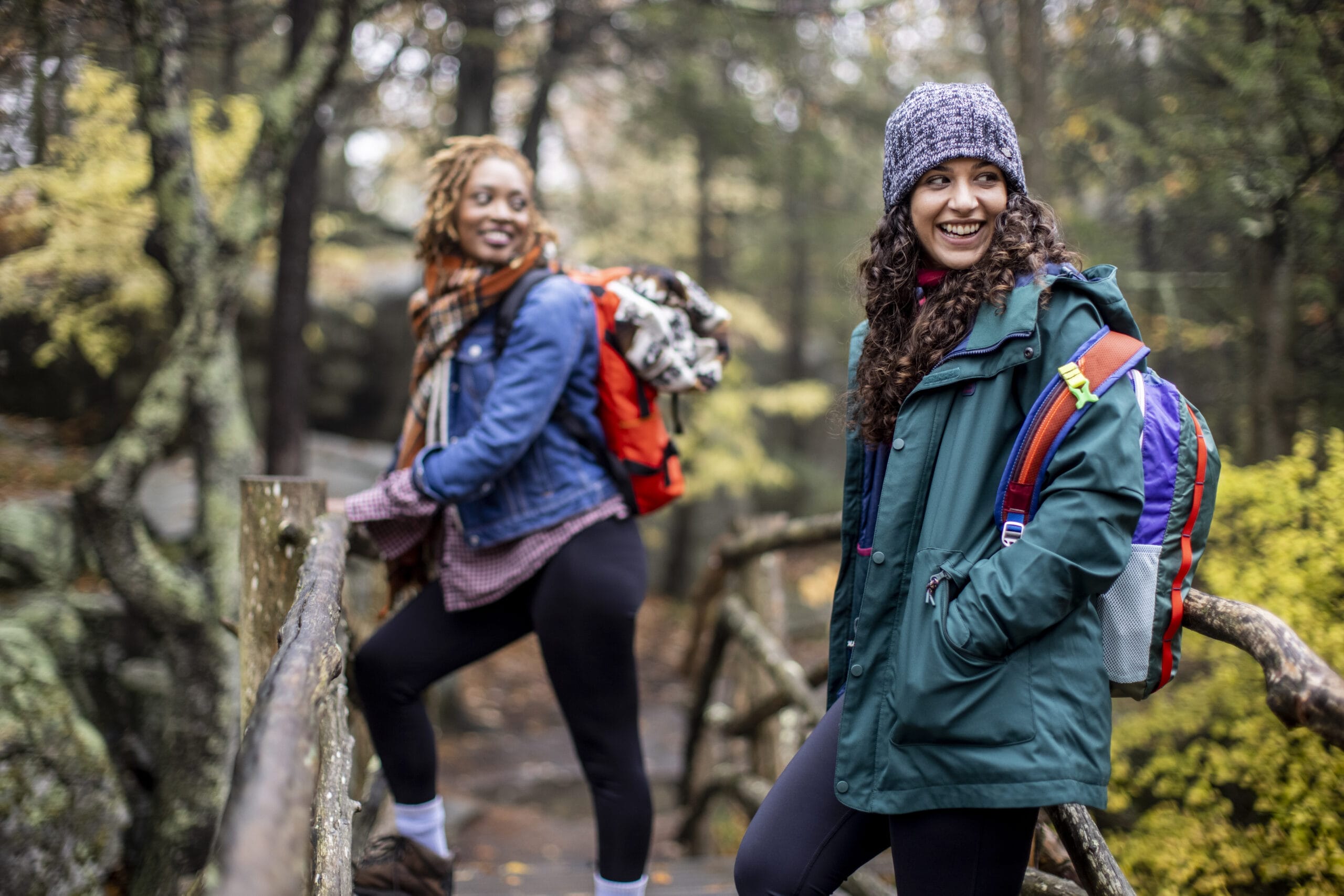 two women hiking in the fog on the trails surrounding Lake Minnewaska