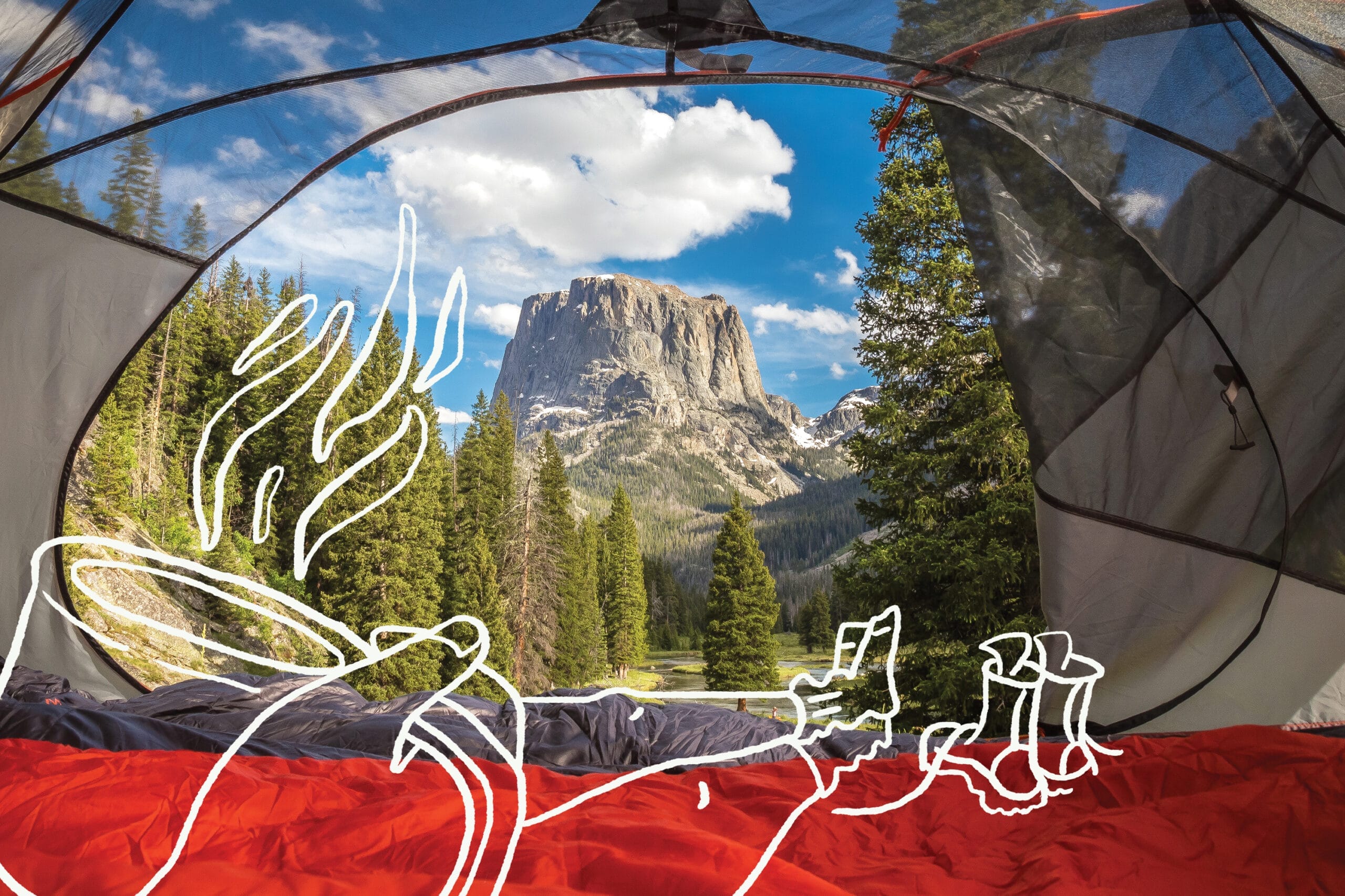 A flat-topped mountain is seen through an open tent door, with an illustrated reclining camper with a cup of coffee added over the photograph in the foreground.