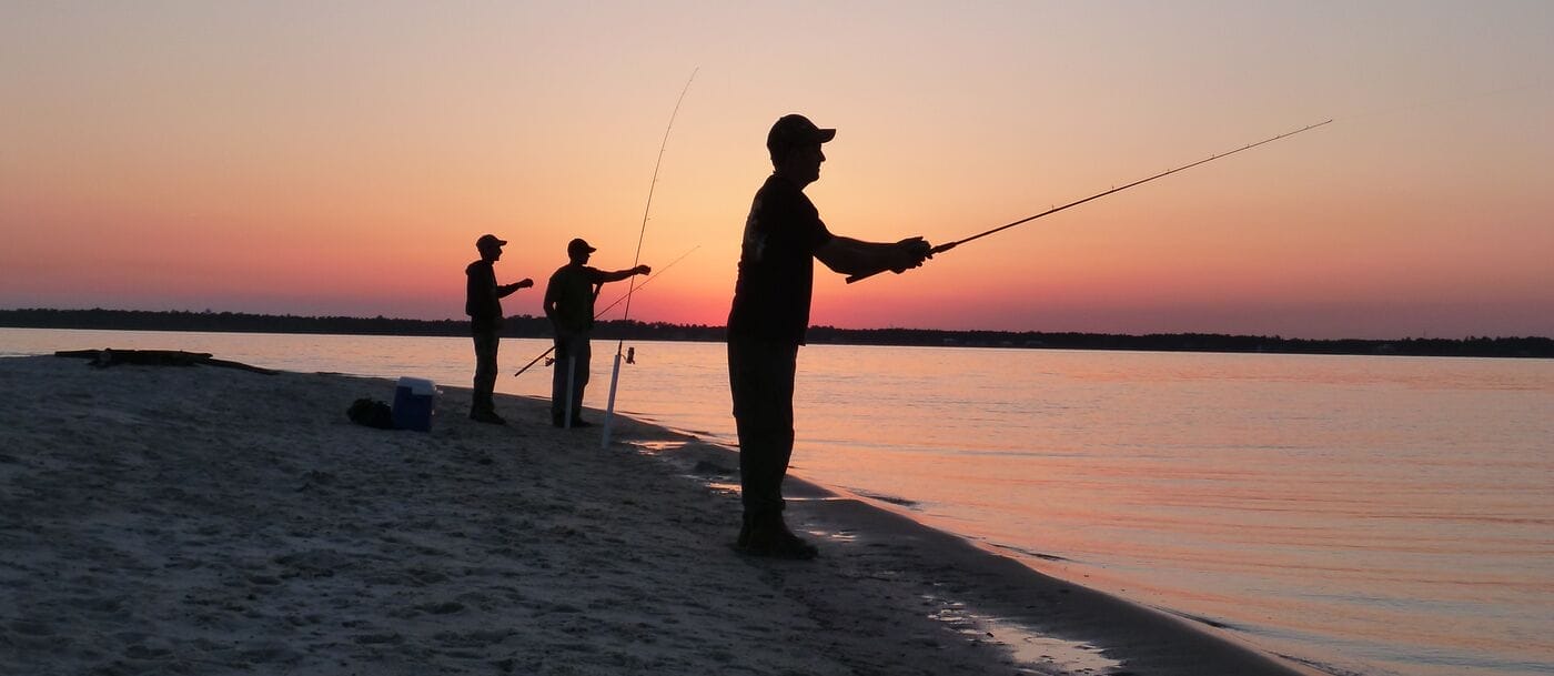 Fishermen fish from the shoreline at Escribano Point, Fishermen fish from the shoreline at sundown at Escribano Point, 1541 acres on Blackwater Bay northeast of Pensacola, FL. This is the first property to be acquired on the Gulf of Mexico with funding from the BP Oil Spill. 2013, FL, Escribano Point, Natural Lands, Pensacola, Escribano Point, Coastal | Recreation, Kevin L. McDonald