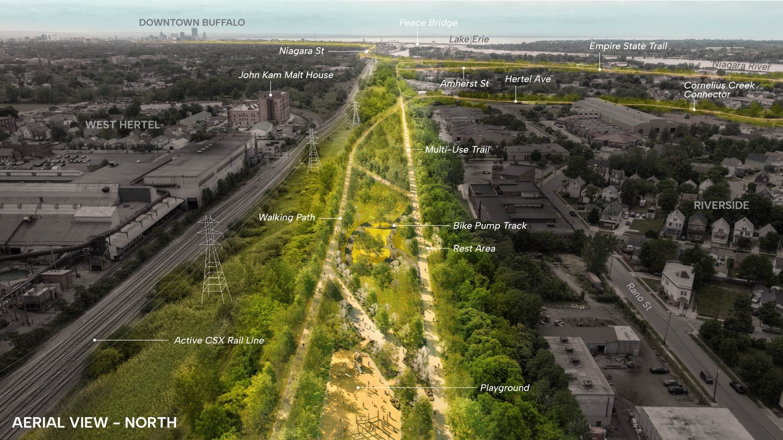Aerial view facing north showing trails, green space, playground, and bike pump track alongside an active rail line in Buffalo, with labeled neighborhood landmarks and streets.