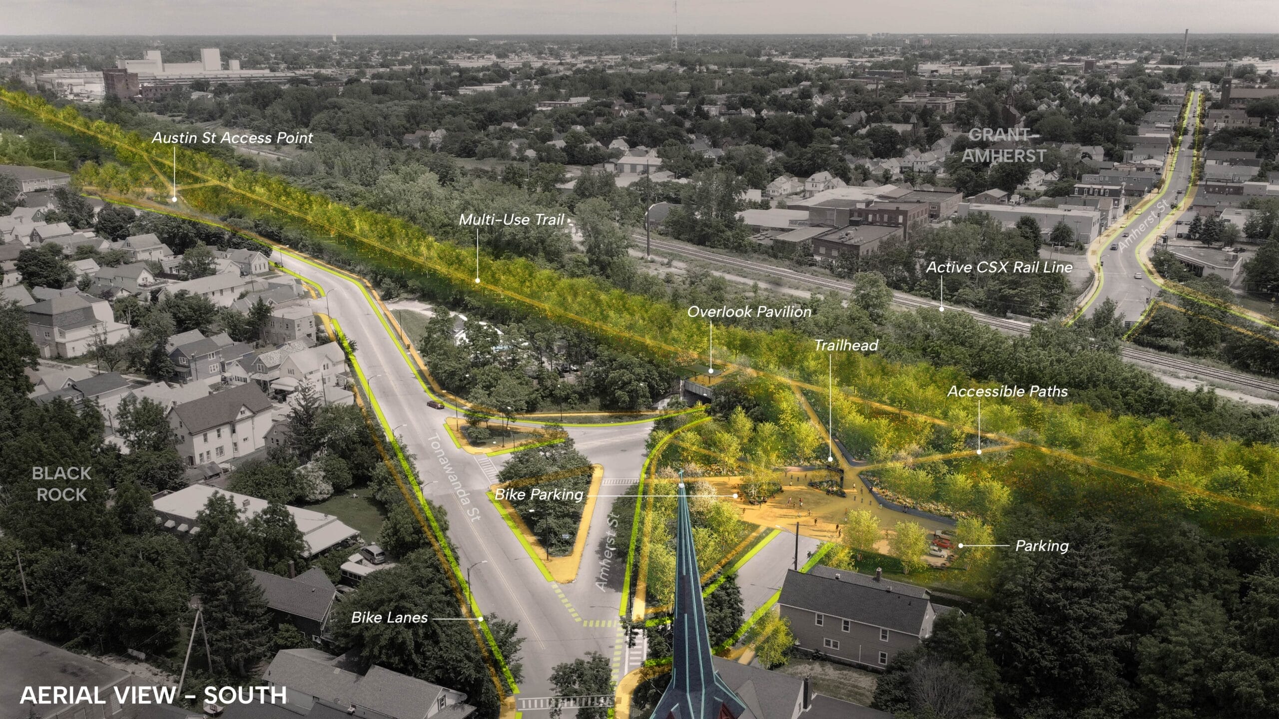 Aerial view showing proposed multi-use trail, bike lanes, overlook pavilion, accessible paths, and bike parking in a residential neighborhood intersected by a rail line.